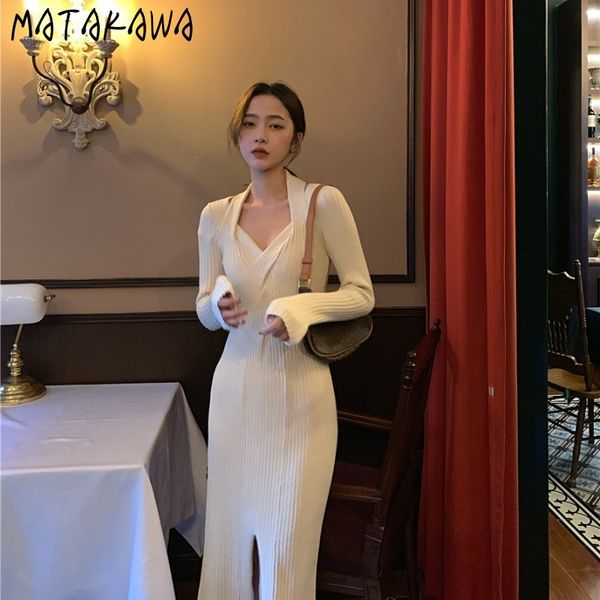 

matakawa solid femme robe v-neck halter neck black waist slim vestido long-sleeved midi dresses for women spring 210513, Black;gray