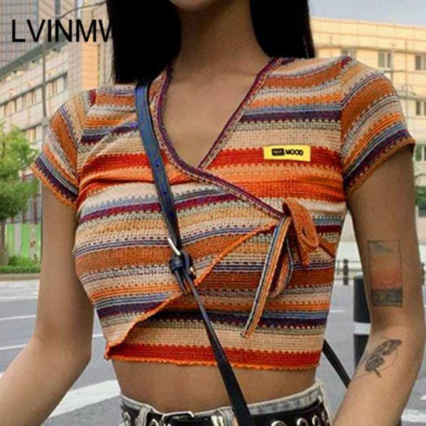 

women's t-shirt lvinmw v neck drawstring ruffles sleeve striped letter labeling crop summer women vintage multicolor basi, White