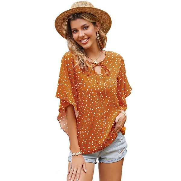 

springtrumpet sleeve bow tie neckline polka dot chiffon shirt blouse women women's t-shirt, White