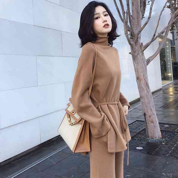 

women's sweaters 2021 winter knitted women suit 2 piece of solid color sweater high knit blazers ensembles, White;black