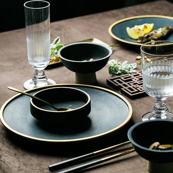 

dishes & plates dark green ceramic dinnerware set gold inlay plate sousplat mug double ear bowl