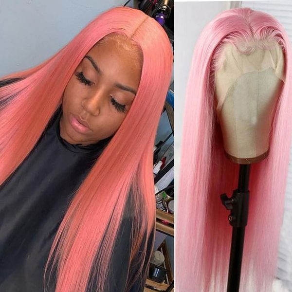 

pink colored silky straight lace front synthetic wig for black women with baby hair high temperature fiber middle ratio