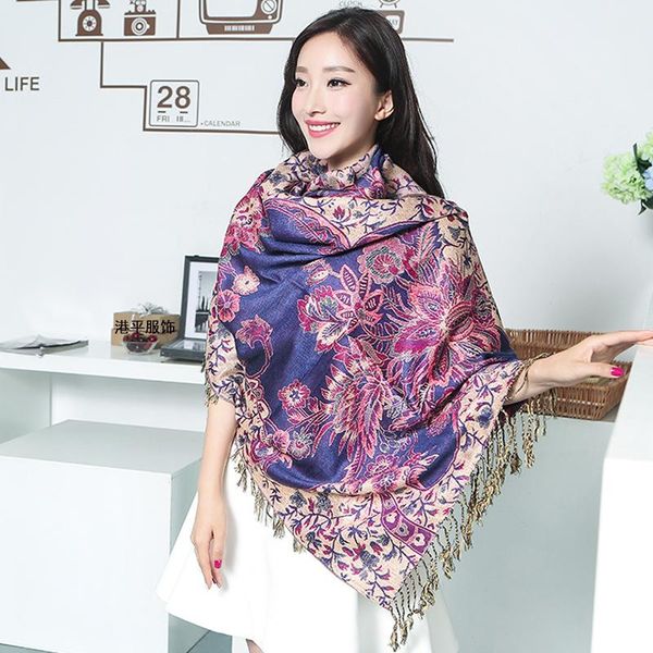 

scarves autunm winter women all-match scarf oversized ethnic style ladies tassels print female travel shawl bufanda mujer, Blue;gray