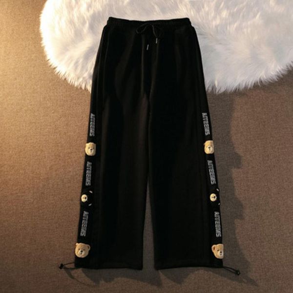 

women's pants & capris winter women casual fashion bear embroidery high waist stacked sweatpants black wide leg fall clothes for, Black;white