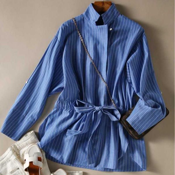 

spring long sleeve pleated shirt casual turn down collar stripe blouse 210531, White