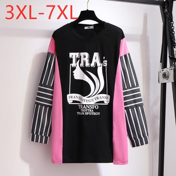 

plus size t-shirt ladies autumn winter women clothing large long sleeve loose cotton black print stripe 4xl 5xl 6xl 7xl