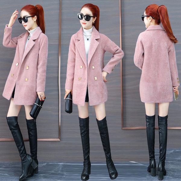 

women's wool & blends mink plush fur coat female thick warm high end fashion coats 2021 loose autumn winter plus size, Black