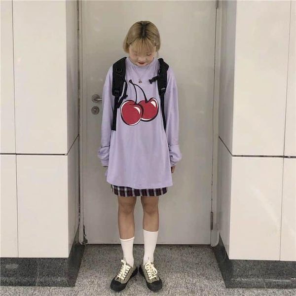 

tshirt women t shirt korean ins style cherry print lively girl autumn harajuku wild loose long-sleeved t-shirt femal women's, White