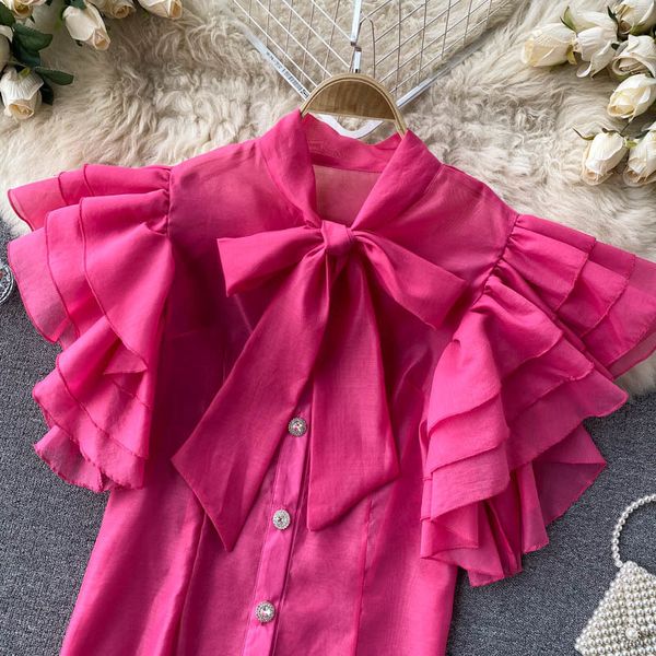 

women's blouses & shirts summer women thin muslin fashion blouse shirt ladies sweet ruffles hem sleeves bowknot neck slim blus, White