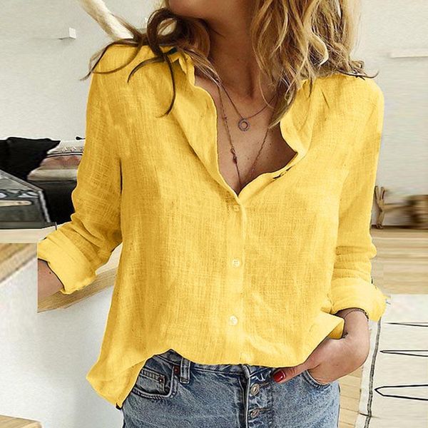 

women's blouses & shirts spring solid color button fashion long sleeve casual loose clothes lady linen clothing, White