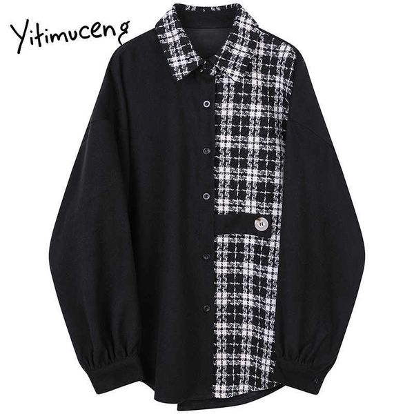 

yitimuceng plaid patchwork blouse women vintage shirts loose spring fashion clothes turn down collar long sleeve 210601, White