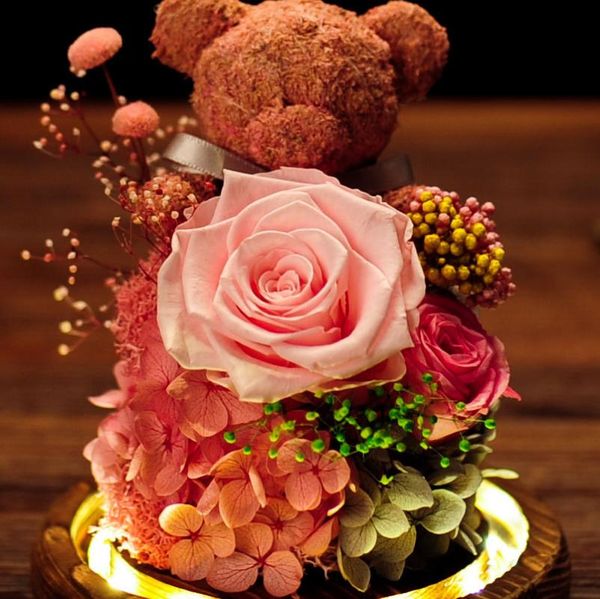 

moss bear + pink rose flower eternal glass cover with gift box birthday christmas valentine's day silent guard decorative flowers & wre