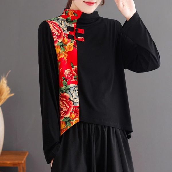 

ethnic clothing chinese style women vintage patchwork color t-shirts button thick black 2021 autumn female warm kk4006, Red