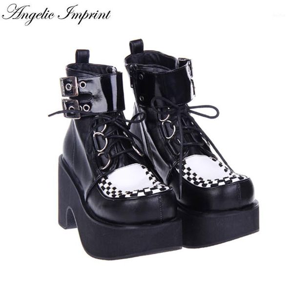 

boots women punk cosplay thick platform black & white lace-up buckle strap ankle1