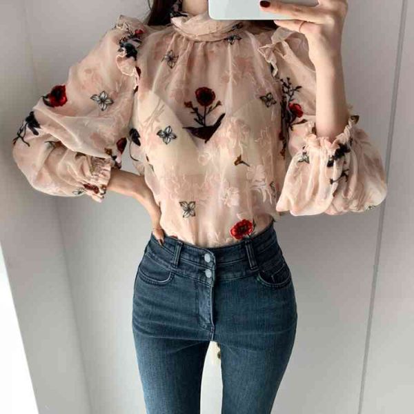 

comelretro fashion women shirt floral printing stand collar vintage loose all match casual blouses 210515, White