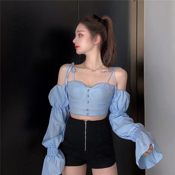 

fashion brand blusas mujer de moda feminina streetwear ulzzang women crop blouses femme spaghetti strap spring fall shirts women's &, White