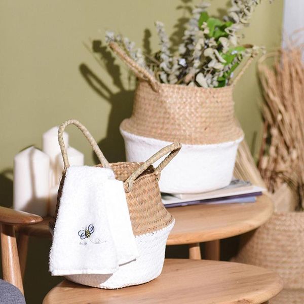 

seagrass belly basket flower plants pots rattan handmade woven storage bag organizer home garden decoration planters &