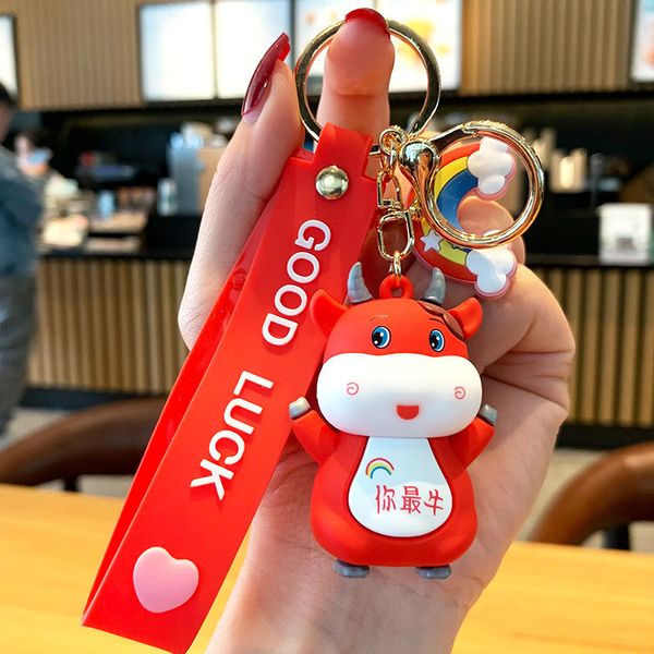 

2021 fashion keychain creative cartoon you drunk cow key chain lovely couple car bag calf doll pendant year of the ox gift, Silver