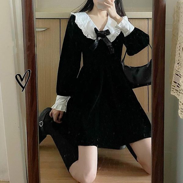 

black gothic dress women elegant retro japanese style party mini female high street casual kawaii korean 2021 dresses, Black;gray