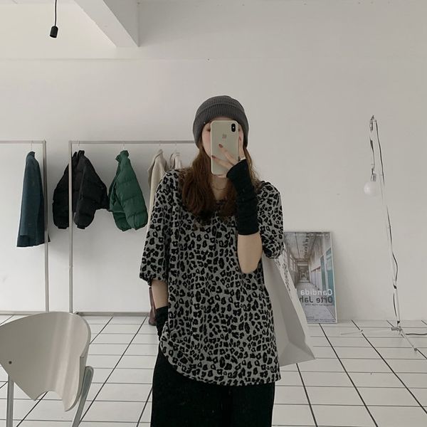 

knits retro leopard chic animal printed basewear summer short sleeves casual tee loose cotton basic warm t-shirts, White