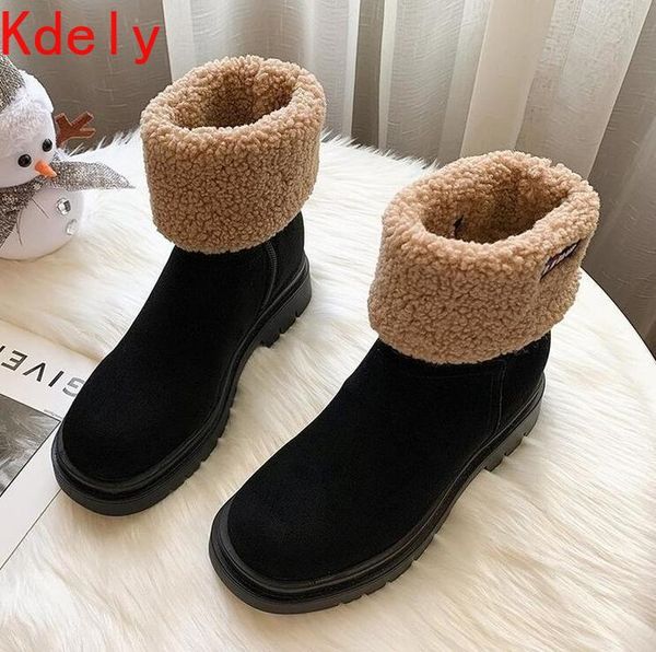 

boots winter women shoes 2021 solid flat plush warm snow zipper platform ankle casual woman, Black