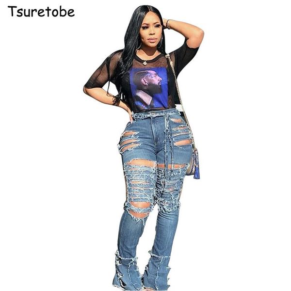

tsuretobe plus size hole ripped jeans women streetwear high waist denim pants skinny tassel fashion hollow out trousers women's, Blue