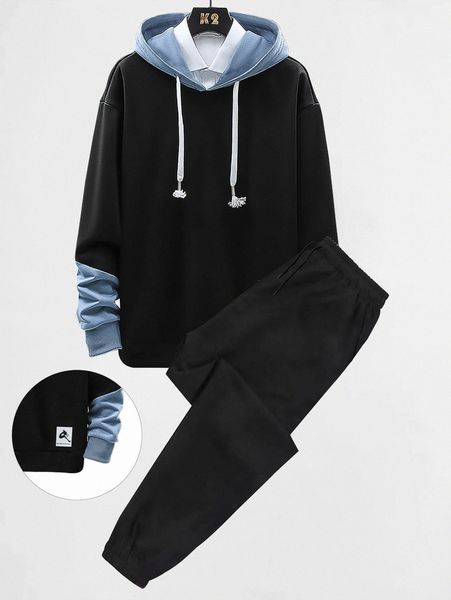 

romwe guys colorblock patched drawstring sweatshirt & solid pants v4nm#, Gray