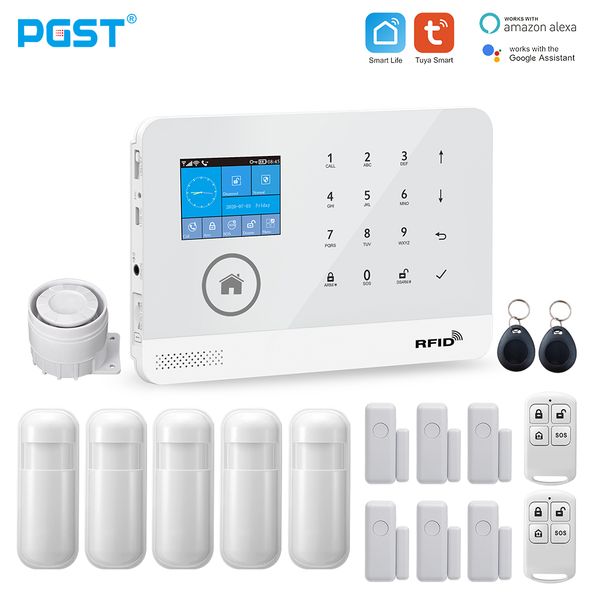 

pgst pg103 tuya wifi gsm alarm wireless burglar home security system with rfid card motion sensor app remote control
