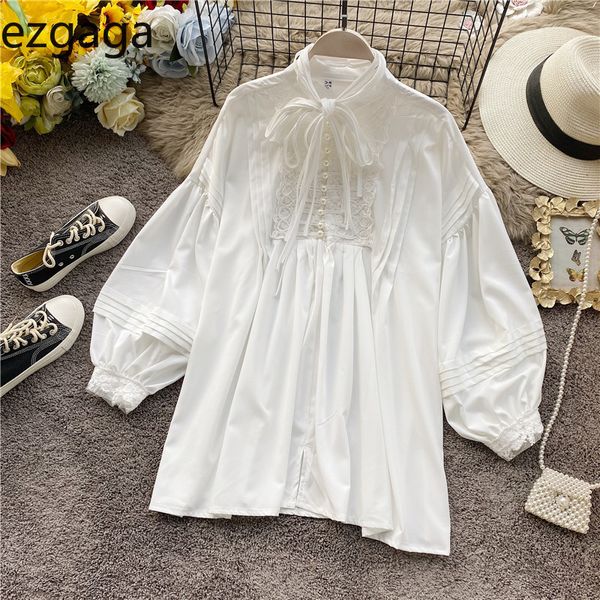 Ezgaga branca camisas mulheres lace up button bowknot lace lante lanterna manga botão pérola solta doce coreano tops blusa de moda 210430
