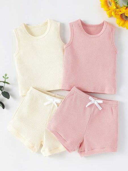 

baby 2pcs rib-knit tank & 2pcs bow front shorts she, White