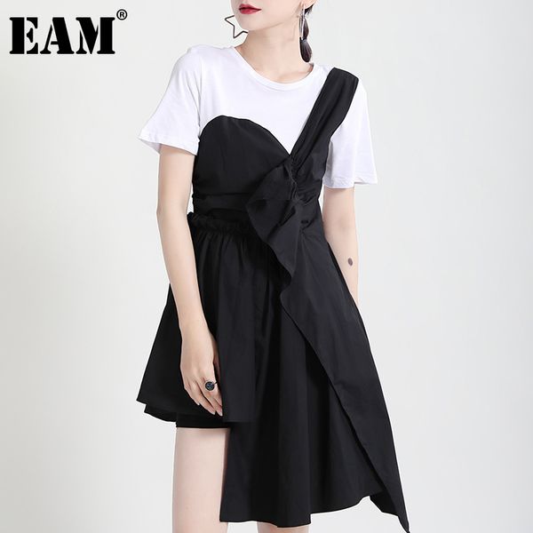 

[eam] women black spliced irregular pleated dress round neck short sleeve loose fit fashion spring summer 1dd8144 210512, Black;gray