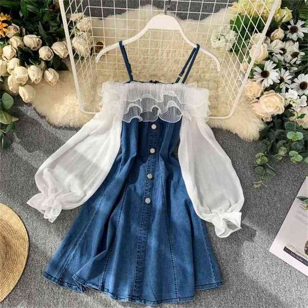 

women patchwork denim dress summer off shoulder spaghetti strap jeans dresses ladies fashion korean short robe 210525, Black;gray
