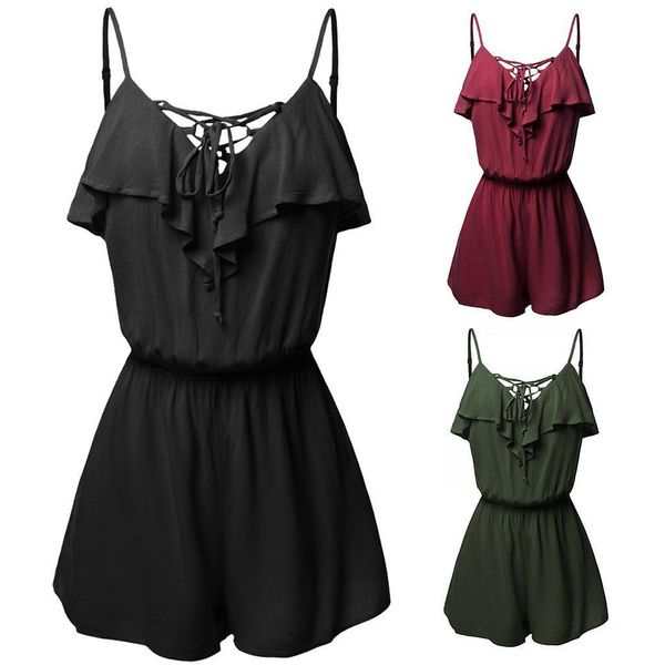 

vrouwen grote maat casual womens rompers mouwloze overlap voor franje detail zomer korte overalls elegante boho regular vintage 30, Black;white