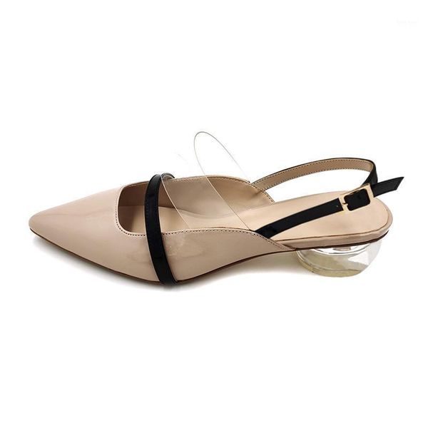 

slippers leather women's single shoes pointed transparent pvc with crystal thick heel large sandals fs21s1411, Black
