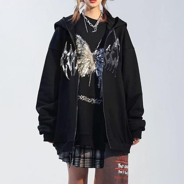 

women's hoodies & sweatshirts goth women hip hop streetwear butterfly printed jacket coat harajuku y2k zip-up sweatshirt punk cool hood, Black