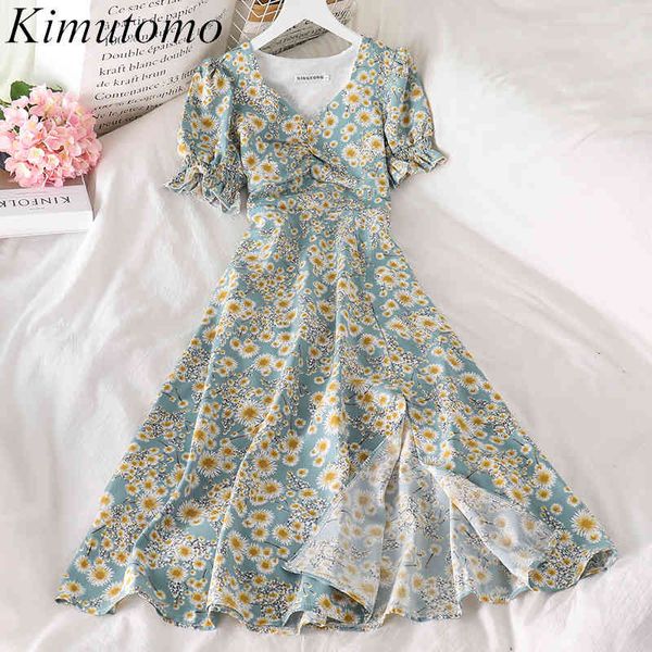 

kimutomo elegant floral dress french style sweet v-neck short puff sleeve split robe summer slimming vestido female 210521, Black;gray