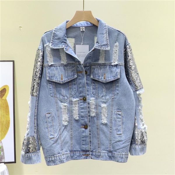 

women's jackets autumn long sleeve hole jean jacket spring sequins denim women casual bomber basic coat streetwear ropa de mujer, Black;brown