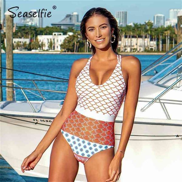 SEASELFIE Costume da bagno donna sexy con stampa Beautiful World Costume da bagno monokini da spiaggia 210702