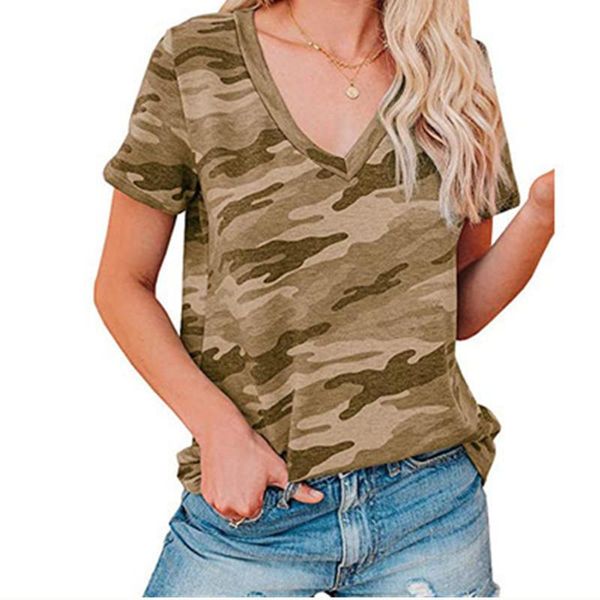 

women's t-shirt women leopard print slim fit v-neck fashion summer camouflage short sleeve all-match 3xl, White
