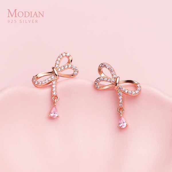 

elegant bowknot earrings for women pink crystal rose gold color studs earring 925 sterling silver jewelry accessories 210707, Golden;silver