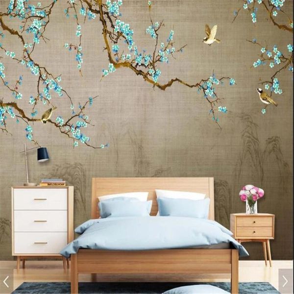 

wallpapers milofi custom wallpaper mural chinese style hand-painted blue plum flowers and birds background wall