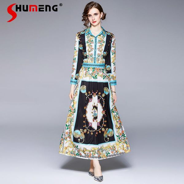 

casual dresses 2021 fall french long sleeve retro fashion printing turn down collar single-breasted mid-length suit dress, Black;gray