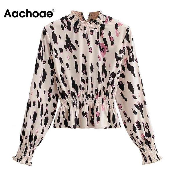 

leopard print blouse women ruffles long sleeve shirt spring vintage tunic ladies chic blouses blusas mujer 210413, White