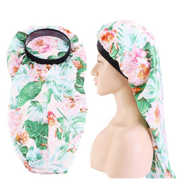 

women printed flower elastic satin bonnet night sleep cap long hair care cylindrical chemo cancer hat muslim india headwear new, Blue;gray