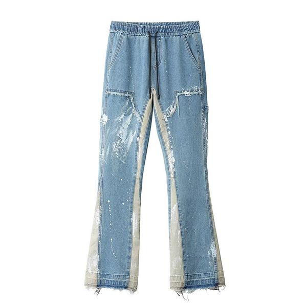 

color block painted streetwear drawstring jeans men frayed side ribbon loose casual denim trousers hip hop harajuku couple pants men's, Blue