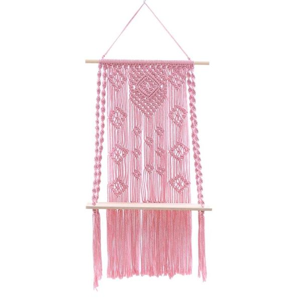 

tapestries handmade macrame wall hanging shelf, boho decorative floating plants shelf wooden storage hanger pink