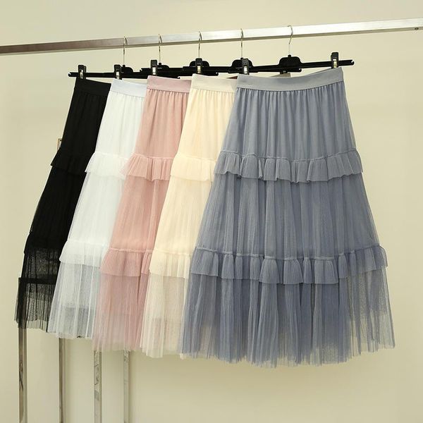 

women leisure summer tulle mesh skirt solid color casual loose fairy pleated cake long skirts, Black
