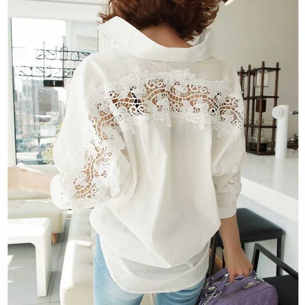 

women summer blouse plus size half sleeve hollow out blouses ladies shirt white 210601