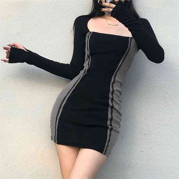 

black gray patched striped vintage square collar long sleeve y2k women's dress party elegant bodycon dresses for year 210510