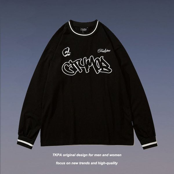 

tkpa street hip hop baseball shirt men's and women's trend hiphop letter oversize long sleeve thin sweater, Black